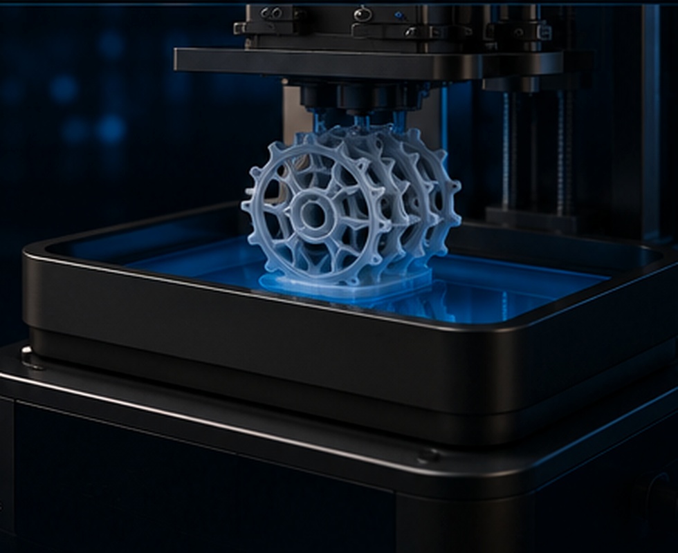 Impressora 3D de resina produzindo uma peça técnica com estrutura vazada e consumo otimizado
