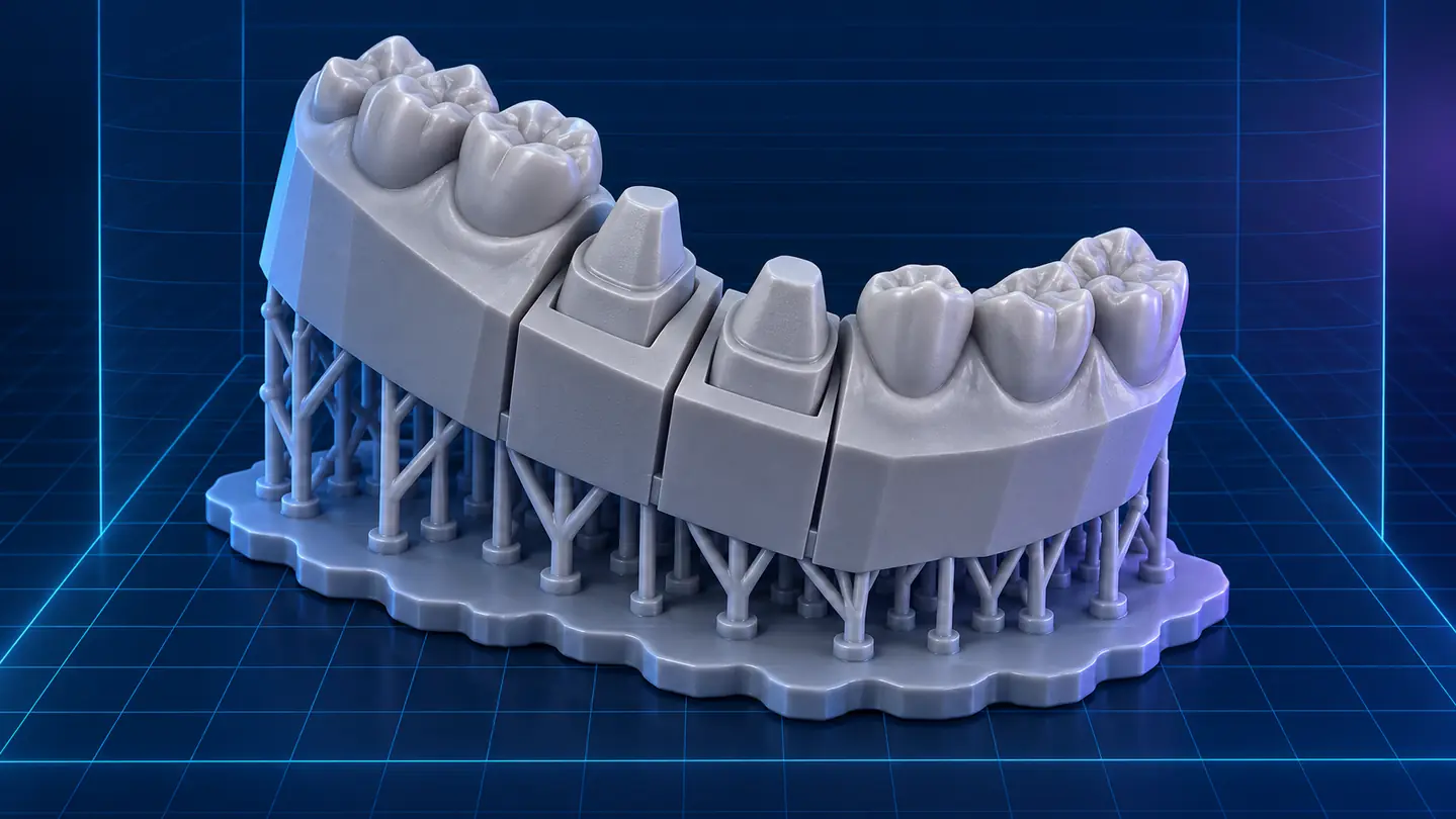Modelo odontológico inclinado com troquéis e suportes concentrados sob a base